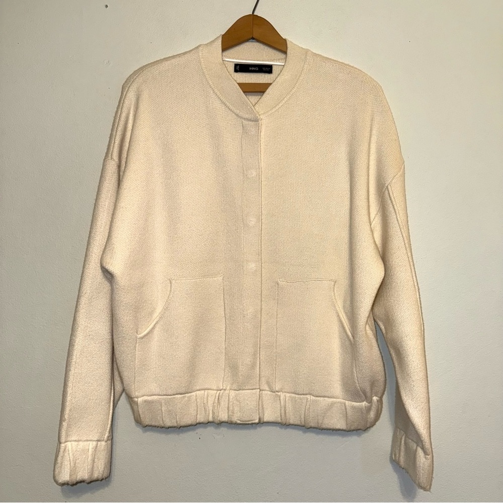Mango MNG Womens Knitted Pockets Bomber Jacket Ecru Size XS